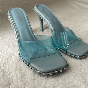 Rhinestone Open Toe Slide Heel - Blue